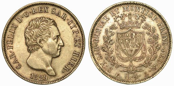 REGNO DI SARDEGNA. CARLO FELICE DI SAVOIA, 1821-1831. 5 Lire 1829. Genova.  - Asta Numismatica - Associazione Nazionale - Case d'Asta italiane