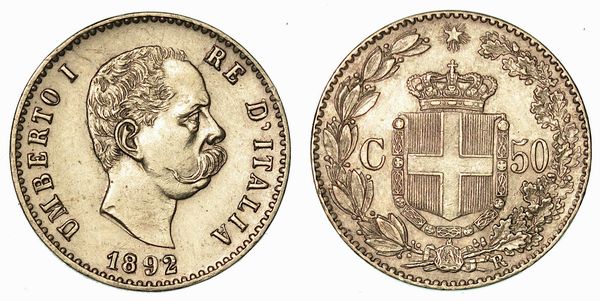 REGNO D'ITALIA. UMBERTO I DI SAVOIA, 1878-1900. 50 Centesimi 1892.  - Asta Numismatica - Associazione Nazionale - Case d'Asta italiane