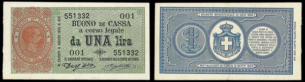 REGNO D'ITALIA. UMBERTO I DI SAVOIA, 1878-1900. Buono di Cassa da 1 Lira 15/09/1893.  - Asta Numismatica - Associazione Nazionale - Case d'Asta italiane