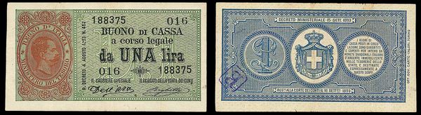 REGNO D'ITALIA. UMBERTO I DI SAVOIA, 1878-1900. Buono di Cassa da 1 Lira 15/09/1893.  - Asta Numismatica - Associazione Nazionale - Case d'Asta italiane