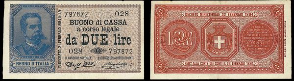 REGNO D'ITALIA. UMBERTO I DI SAVOIA, 1878-1900. Buono di Cassa da 2 Lire 22/02/1894.  - Asta Numismatica - Associazione Nazionale - Case d'Asta italiane