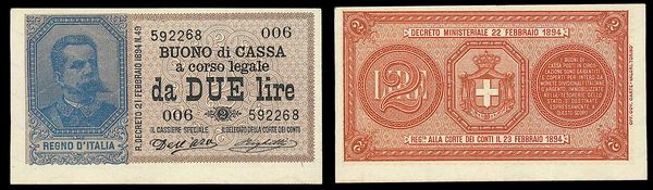 REGNO D'ITALIA. UMBERTO I DI SAVOIA, 1878-1900. Buono di Cassa da 2 Lire 22/02/1894.  - Asta Numismatica - Associazione Nazionale - Case d'Asta italiane
