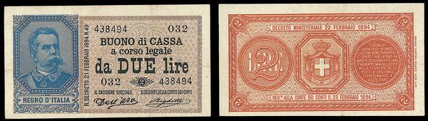 REGNO D'ITALIA. UMBERTO I DI SAVOIA, 1878-1900. Buono di Cassa da 2 Lire 22/02/1894.  - Asta Numismatica - Associazione Nazionale - Case d'Asta italiane