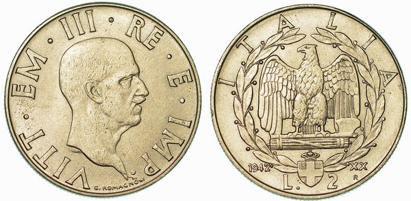 REGNO D'ITALIA. VITTORIO EMANUELE III DI SAVOIA, 1900-1946. 2 Lire 1942/A. XX. Impero  - Asta Numismatica - Associazione Nazionale - Case d'Asta italiane