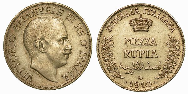 SOMALIA ITALIANA. VITTORIO EMANUELE III DI SAVOIA, 1909-1925. Mezza Rupia 1910.  - Asta Numismatica - Associazione Nazionale - Case d'Asta italiane