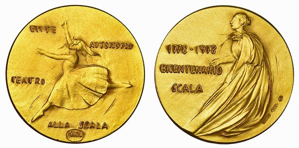 MILANO. BICENTENARIO DEL TEATRO DELLA SCALA. Dittico in oro e argento 1978.  - Asta Numismatica - Associazione Nazionale - Case d'Asta italiane
