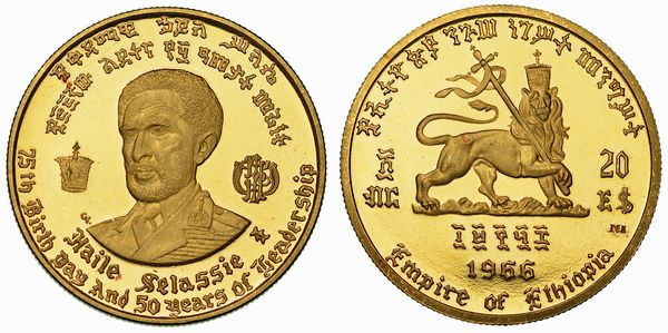 ETIOPIA. HAILE SELASSIE, 1941-1974. 20 Dollars 1966.  - Asta Numismatica - Associazione Nazionale - Case d'Asta italiane