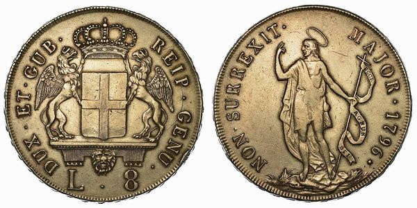 GENOVA. DOGI BIENNALI E GOVERNATORI DELLA REPUBBLICA, 1528-1797. SERIE DELLA III FASE, 1637-1797. 8 Lire 1796.  - Asta Numismatica - Associazione Nazionale - Case d'Asta italiane