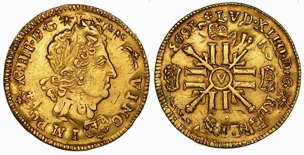 FRANCIA. LOUIS XIV, 1643-1715. 1/2 Louis d'or 1693 (tipo con otto L). Troyes.  - Asta Numismatica - Associazione Nazionale - Case d'Asta italiane