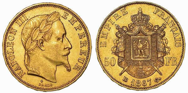 FRANCIA. NAPOLEON III, 1852-1870. 50 Francs 1867. Strasburgo.  - Asta Numismatica - Associazione Nazionale - Case d'Asta italiane