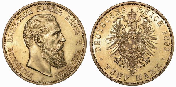 GERMANIA - PRUSSIA. FRIEDRICH III, 1852-1907. 5 Mark 1888. Berlino.  - Asta Numismatica - Associazione Nazionale - Case d'Asta italiane