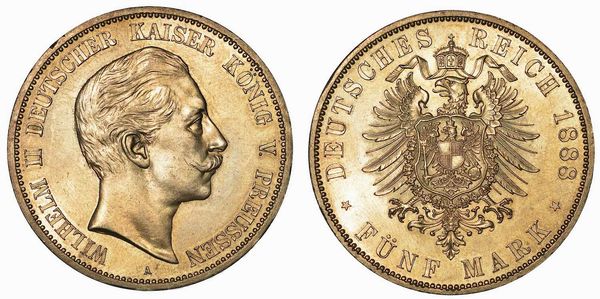 GERMANIA - PRUSSIA. WILHELM II, 1888-1918. 5 Mark 1888. Berlino.  - Asta Numismatica - Associazione Nazionale - Case d'Asta italiane