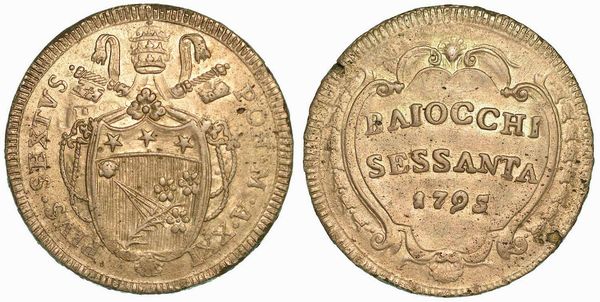 PIO VI (GIOVANNI ANGELO BRASCHI DI CESENA), 1775-1799. 60 Baiocchi 1795/A. XXI. Roma.  - Asta Numismatica - Associazione Nazionale - Case d'Asta italiane