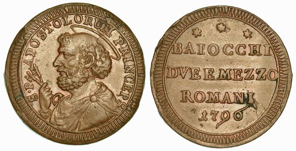 PIO VI (GIOVANNI ANGELO BRASCHI DI CESENA), 1775-1799. Sampietrino da 2 e � Baiocchi 1796. Roma.  - Asta Numismatica - Associazione Nazionale - Case d'Asta italiane
