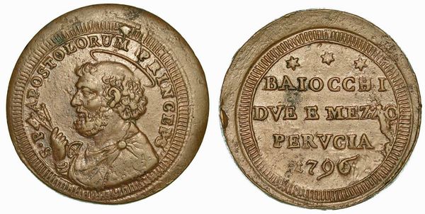 PIO VI (GIOVANNI ANGELO BRASCHI DI CESENA), 1775-1799. Sampietrino da 2 e  Baiocchi 1796. Perugia.  - Asta Numismatica - Associazione Nazionale - Case d'Asta italiane