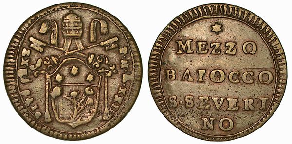 PIO VI (GIOVANNI ANGELO BRASCHI), 1775-1779. Mezzo Baiocco A. XXII. San Severino.  - Asta Numismatica - Associazione Nazionale - Case d'Asta italiane