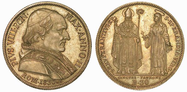 PIO VIII (FRANCESCO SAVERIO CASTIGLIONI), 1829-1830. 30 Baiocchi o Testone 1830.  - Asta Numismatica - Associazione Nazionale - Case d'Asta italiane