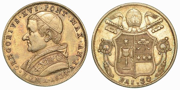 GREGORIO XVI (BARTOLOMEO ALBERTO CAPPELLARI), 1831-1846. 30 Baiocchi 1834/A. IV. Roma.  - Asta Numismatica - Associazione Nazionale - Case d'Asta italiane