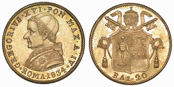 GREGORIO XVI (BARTOLOMEO ALBERTO CAPPELLARI), 1831-1846. 20 Baiocchi 1834/A. IV. Roma.  - Asta Numismatica - Associazione Nazionale - Case d'Asta italiane