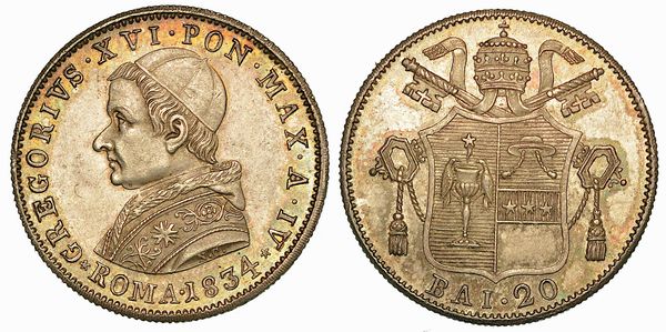 GREGORIO XVI (BARTOLOMEO ALBERTO CAPPELLARI), 1831-1846. 20 Baiocchi 1834/A. IV. Roma.  - Asta Numismatica - Associazione Nazionale - Case d'Asta italiane
