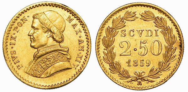 PIO IX (GIOVANNI MARIA MASTAI FERRETTI), 1846-1878. 2,50 Scudi 1859/A. XIV. Roma.  - Asta Numismatica - Associazione Nazionale - Case d'Asta italiane