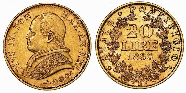 PIO IX (GIOVANNI MARIA MASTAI FERRETTI), 1846-1878. 20 Lire 1866/A. XXI.  - Asta Numismatica - Associazione Nazionale - Case d'Asta italiane
