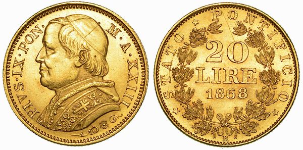 PIO IX (GIOVANNI MARIA MASTAI FERRETTI), 1846-1878. 20 Lire 1868/A. XXIII.  - Asta Numismatica - Associazione Nazionale - Case d'Asta italiane