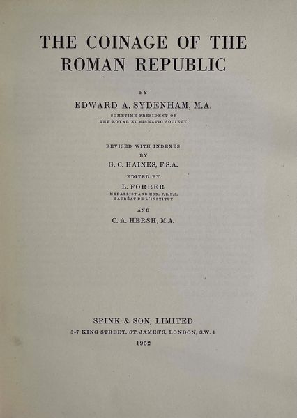 SYDENHAM E. A. The Coinage of the Roman Republic.  - Asta Numismatica - Associazione Nazionale - Case d'Asta italiane