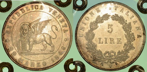 VENEZIA. GOVERNO PROVVISORIO DI VENEZIA, 1848-1849. 5 Lire 1848 (I tipo).  - Asta Numismatica | Rinascimento - Associazione Nazionale - Case d'Asta italiane