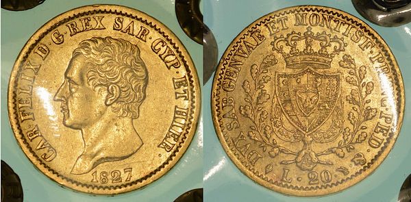 REGNO DI SARDEGNA. CARLO FELICE DI SAVOIA, 1821-1831. 20 Lire 1827. Torino.  - Asta Numismatica | Rinascimento - Associazione Nazionale - Case d'Asta italiane
