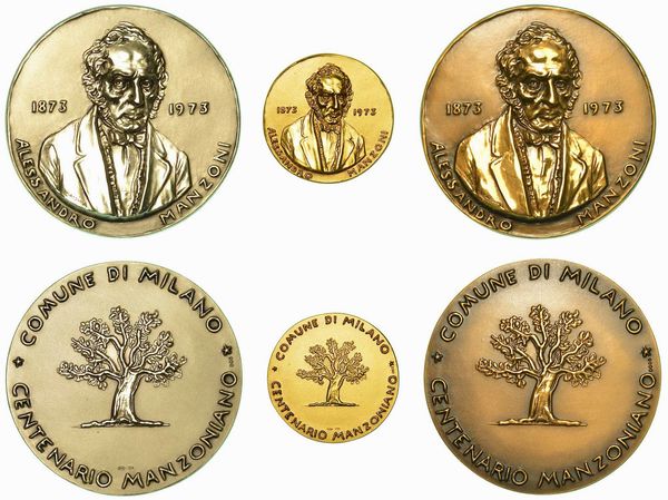 COMUNE DI MILANO - CENTENARIO MANZONIANO (1873-1973). Trittico oro, argento e bronzo.  - Asta Numismatica | Rinascimento - Associazione Nazionale - Case d'Asta italiane