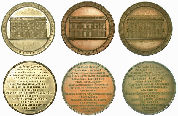 TEATRO LIRICO INTERNAZIONALE MILANO. Lotto di tre medaglie, una in metallo bianco e due in bronzo 1894.  - Asta Numismatica | Rinascimento - Associazione Nazionale - Case d'Asta italiane