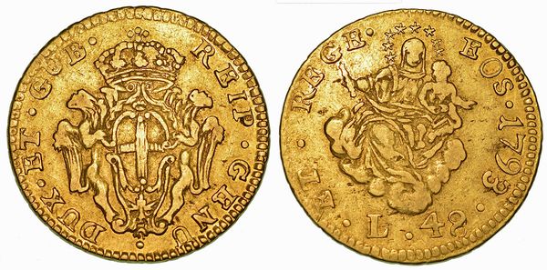 GENOVA. DOGI BIENNALI E GOVERNATORI DELLA REPUBBLICA, 1528-1797. SERIE DELLA III FASE, 1637-1797. 48 Lire 1793.  - Asta Numismatica | Rinascimento - Associazione Nazionale - Case d'Asta italiane