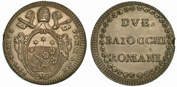 PIO VI (GIOVANNI ANGELO BRASCHI DI CESENA), 1775-1799. Due Baiocchi A. XX. Roma.  - Asta Numismatica | Rinascimento - Associazione Nazionale - Case d'Asta italiane