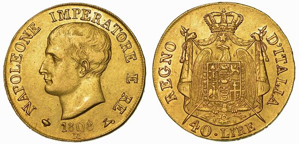MILANO. NAPOLEONE I, 1805-1814. 40 Lire 1808 (I tipo, puntali aguzzi).  - Asta Numismatica | Rinascimento - Associazione Nazionale - Case d'Asta italiane