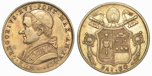 GREGORIO XVI (BARTOLOMEO ALBERTO CAPPELLARI), 1831-1846. 30 Baiocchi 1834/A. IV. Roma.  - Asta Numismatica | Rinascimento - Associazione Nazionale - Case d'Asta italiane