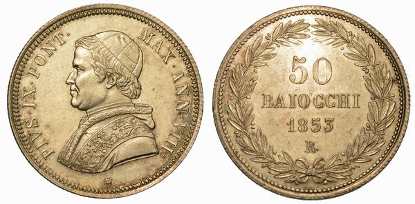 PIO IX (GIOVANNI MARIA MASTAI FERRETTI), 1846-1878. 50 Baiocchi 1853/A. VIII. Roma.  - Asta Numismatica | Rinascimento - Associazione Nazionale - Case d'Asta italiane