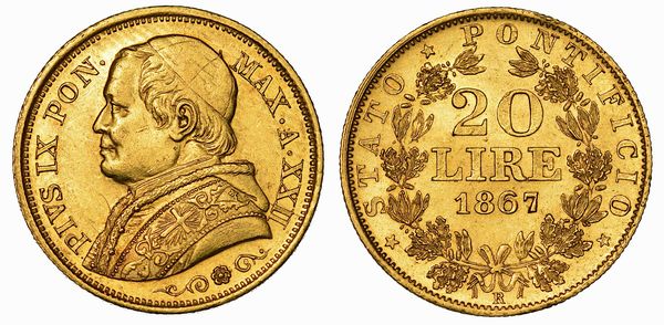 PIO IX (GIOVANNI MARIA MASTAI FERRETTI), 1846-1878. 20 Lire 1867/A. XXII (tipo busto medio). Roma.  - Asta Numismatica | Rinascimento - Associazione Nazionale - Case d'Asta italiane