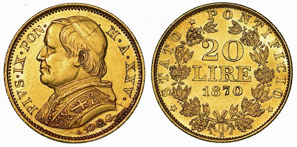 PIO IX (GIOVANNI MARIA MASTAI FERRETTI), 1846-1878. 20 Lire 1870/A. XXV.  - Asta Numismatica | Rinascimento - Associazione Nazionale - Case d'Asta italiane