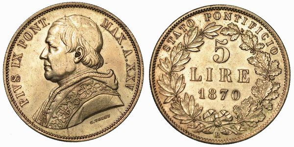 PIO IX (GIOVANNI MARIA MASTAI FERRETTI), 1846-1878. 5 Lire 1870/A. XXV.  - Asta Numismatica | Rinascimento - Associazione Nazionale - Case d'Asta italiane