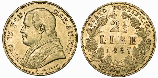 PIO IX (GIOVANNI MARIA MASTAI FERRETTI), 1846-1878. 2 1/2 Lire 1867/A. XXI.  - Asta Numismatica | Rinascimento - Associazione Nazionale - Case d'Asta italiane