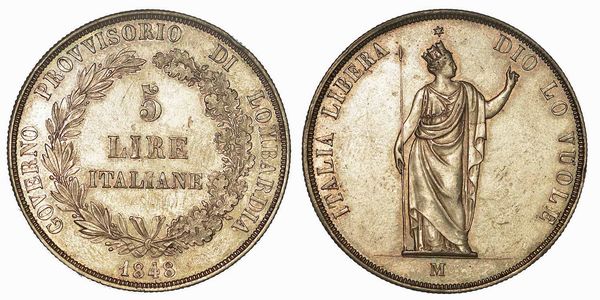 MILANO. GOVERNO PROVVISORIO DI LOMBARDIA, 1848. 5 Lire 1848.  - Asta Numismatica | Rinascimento - Associazione Nazionale - Case d'Asta italiane