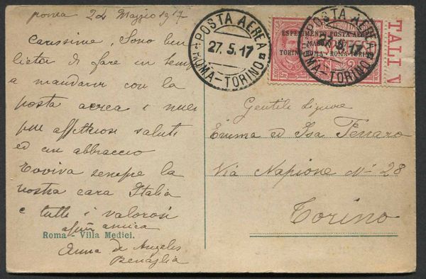 1917, Volo Postale Roma-Torino, cartolina non filatelica, da Roma per Torino del 25/07/1917  - Asta Storia Postale e Filatelia - Associazione Nazionale - Case d'Asta italiane