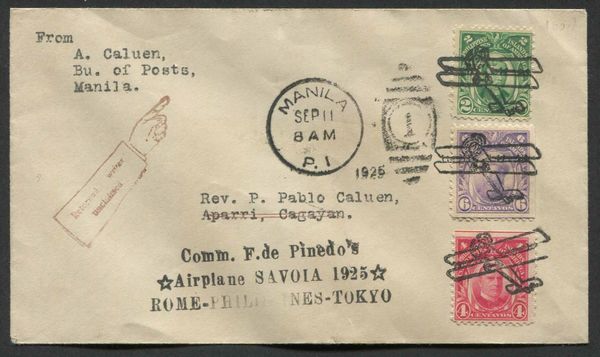 1925, Raid Sesto Calende � Australia � Filippine � Cian � Giappone � Roma, Comandante Francesco de Pinedo, tappa Manila-Aparri  - Asta Storia Postale e Filatelia - Associazione Nazionale - Case d'Asta italiane