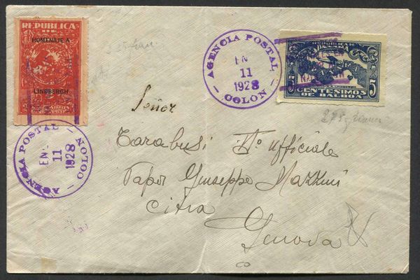 1928, Charles Lindbergh Good will tour, cover from Colon to Genoa (Italy)  - Asta Storia Postale e Filatelia - Associazione Nazionale - Case d'Asta italiane