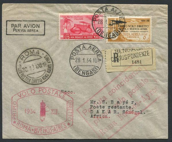 1934, Cirenaica, Primo Volo Postale diretto  Roma-Buenos Ayres, + bollo in cartella grande Perduta Coincidenza  primo volo postale Roma-Buenos Ayres  - Asta Storia Postale e Filatelia - Associazione Nazionale - Case d'Asta italiane