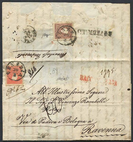 1860, Lombardo Veneto, raccomandata da Venezia per Ravenna del 20 febbraio 1860  - Asta Storia Postale e Filatelia - Associazione Nazionale - Case d'Asta italiane