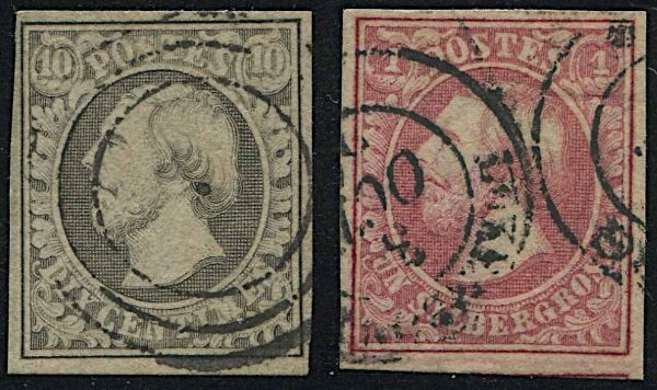 1852, Lussemburgo, Guglielmo III 10 cent. grigio-nero e 1 scellino bruno-rosso  - Asta Storia Postale e Filatelia - Associazione Nazionale - Case d'Asta italiane