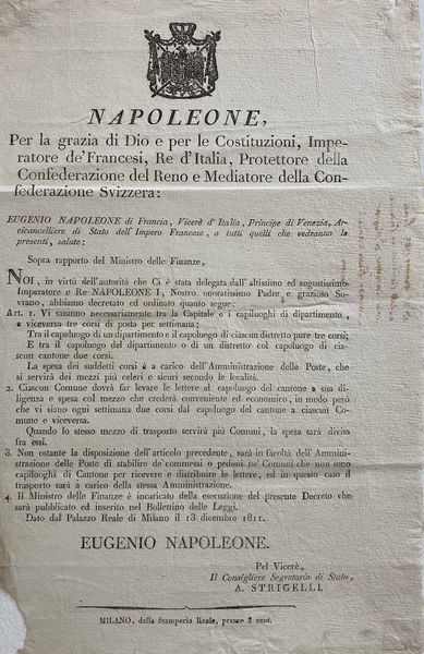 1811, Decreto del 13 dicembre 1811 di Eugenio Napoleone  - Asta Storia Postale e Filatelia - Associazione Nazionale - Case d'Asta italiane