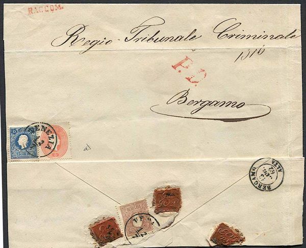 1862, Lombardo Veneto, raccomandata da Venezia per Bergamo del 12 luglio 1862  - Asta Storia Postale e Filatelia - Associazione Nazionale - Case d'Asta italiane